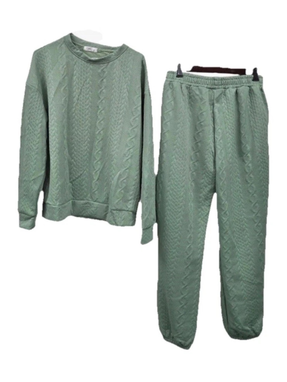 Sage Green Cable Knit Loungewear Sweatsuit Set Crewneck Joggers Size XL